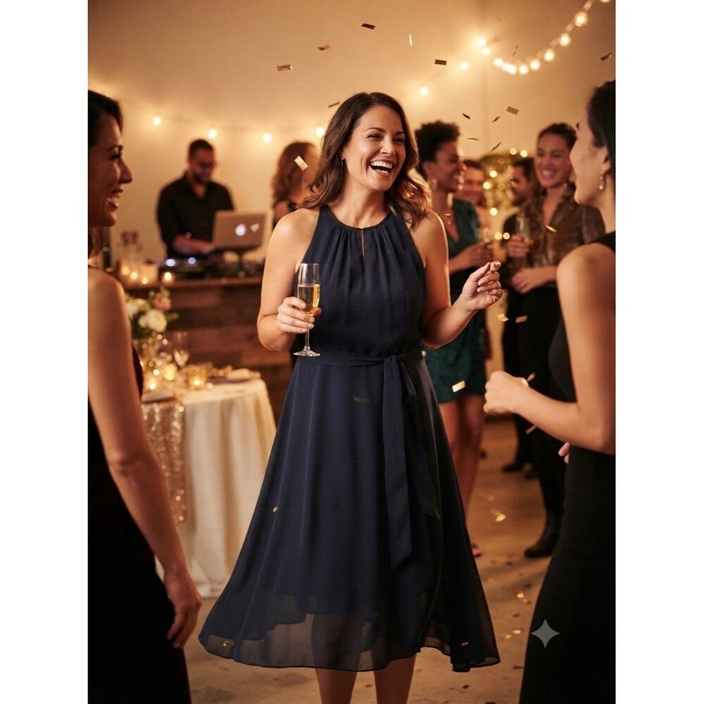 Tahari Arthur S. Levine Navy Chiffon Pleated Midi Dress Women's Size 16 NWT
